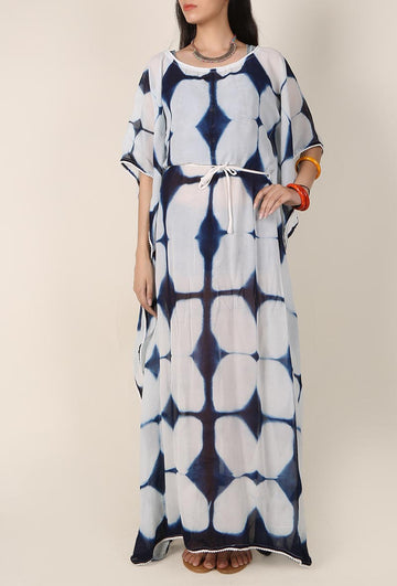 Indigo and White Clamp Dyed String Kaftan